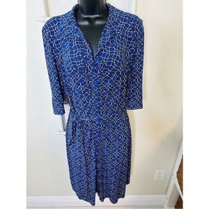 LAUNDRY by Shelli Segal Dress Blue Geometric Print Preppy Belted Shirt Size 14